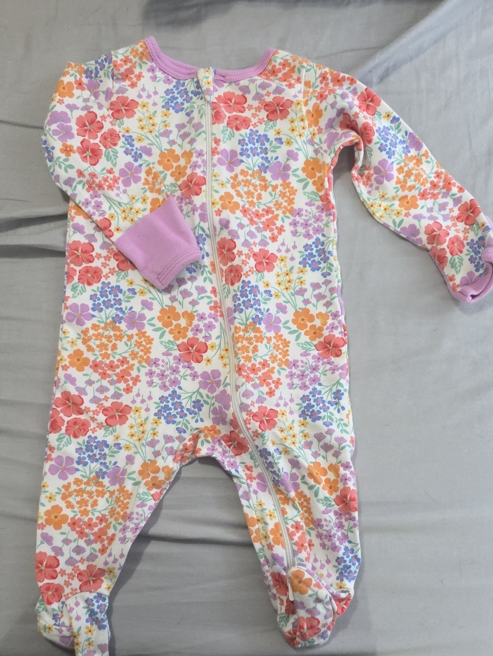 Floral Double Zip Front Baby One-Piece in White with Pink & Orange Flowers